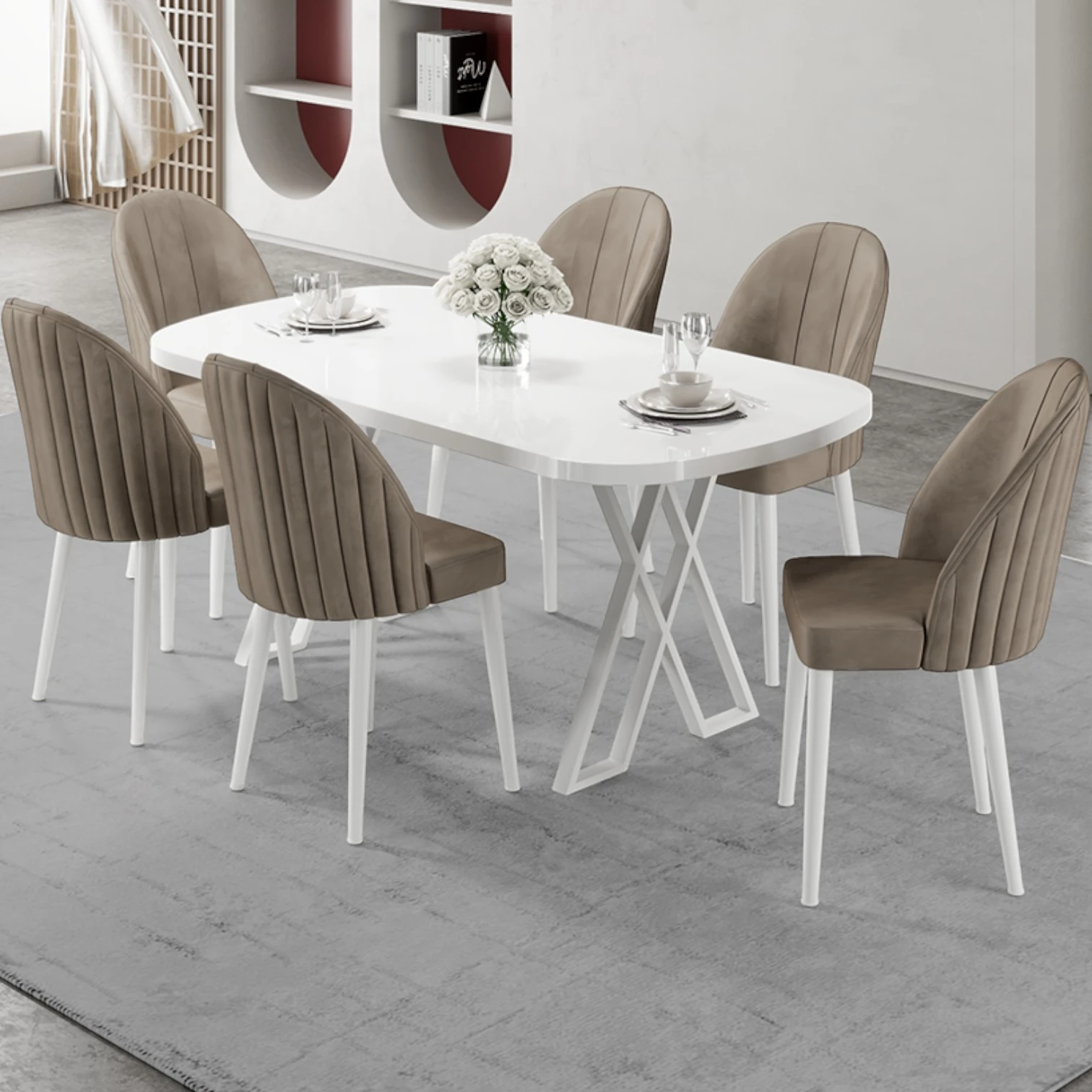 Kaye Serisi Mdf 90x168 Beyaz Mutfak Masası Takımı 6 Sandalye