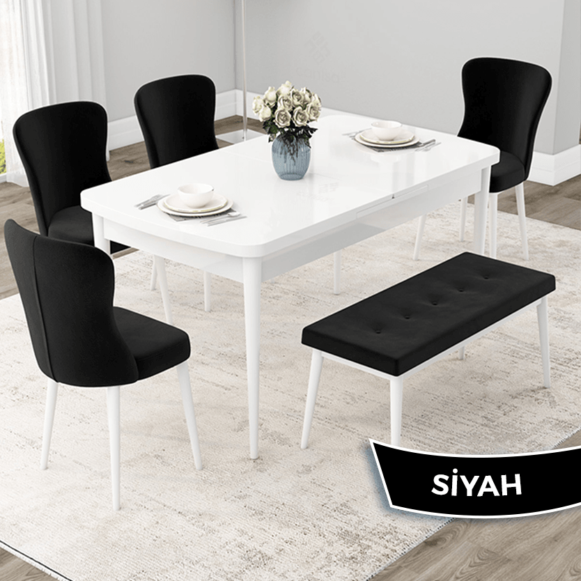 Due Serisi 80x132 Açılabilir Beyaz Masa Takımı 4 Sandalye Ve 1 Bench