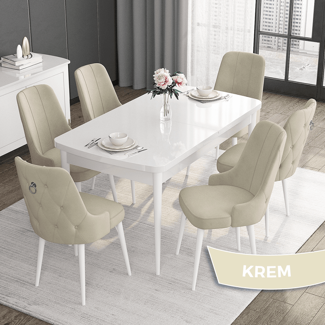 Noa Serisi 80x132 Mdf Açılabilir Gümüş Halka Beyaz Masa Takımı Ve 6 Sandalye