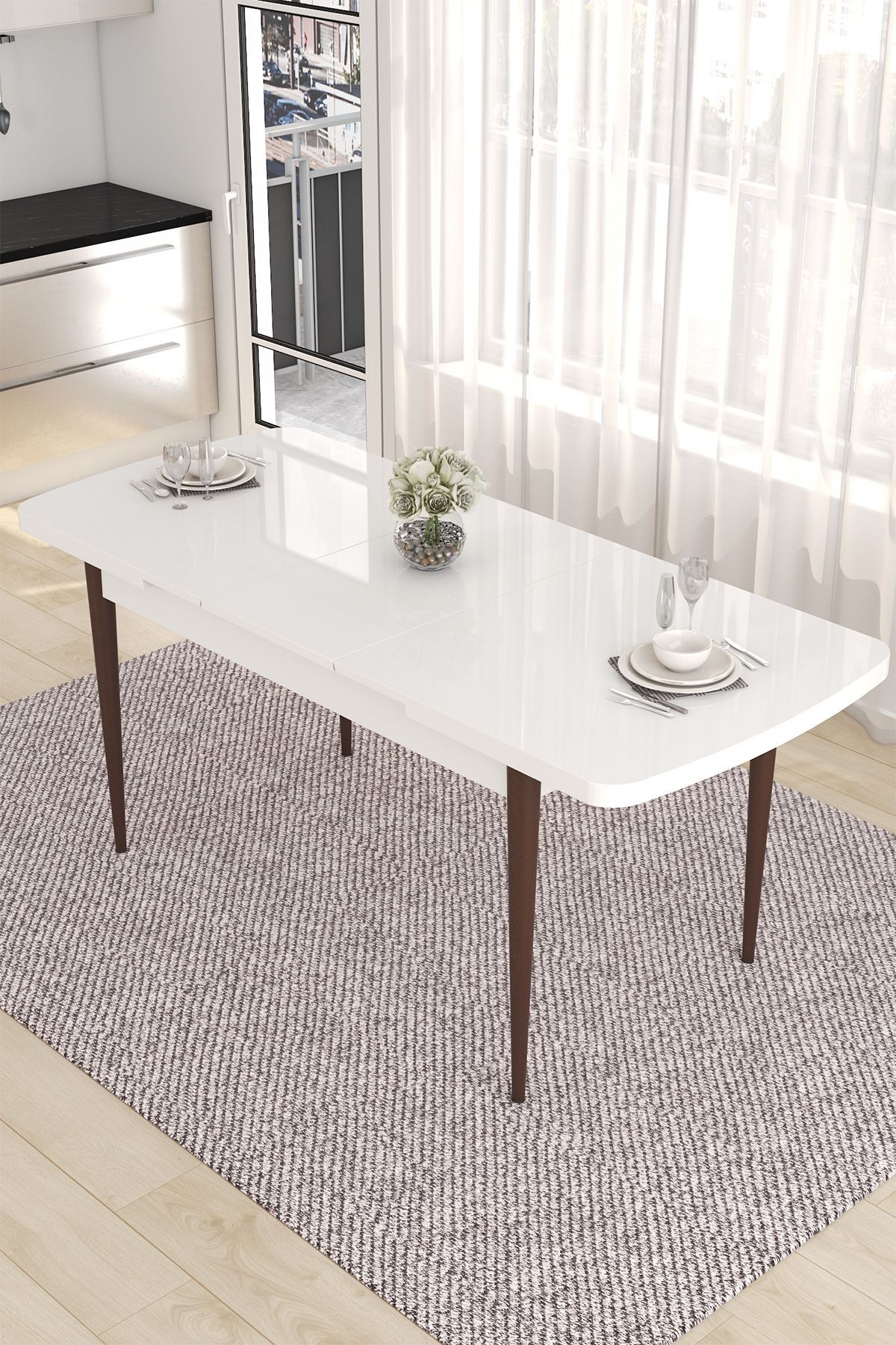 Noa Serisi 80x132 Mdf Açılabilir Gümüş Halka Beyaz Masa Ceviz Ayak Masa Takımı Ve 4 Sandalye Ve 1 Bench