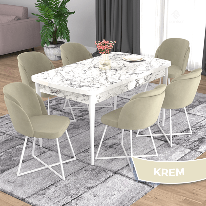 Oga Serisi 80x132 Açılabilir Beyaz Mermer Desen Masa Takımı Ve 6 Sandalye