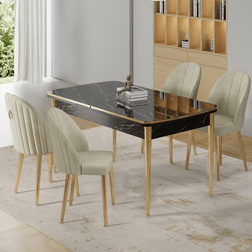 Siyah Mermer Desen Masa Krem Sandalye Gold Detay