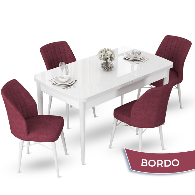 masa beyaz sandalyeler bordo