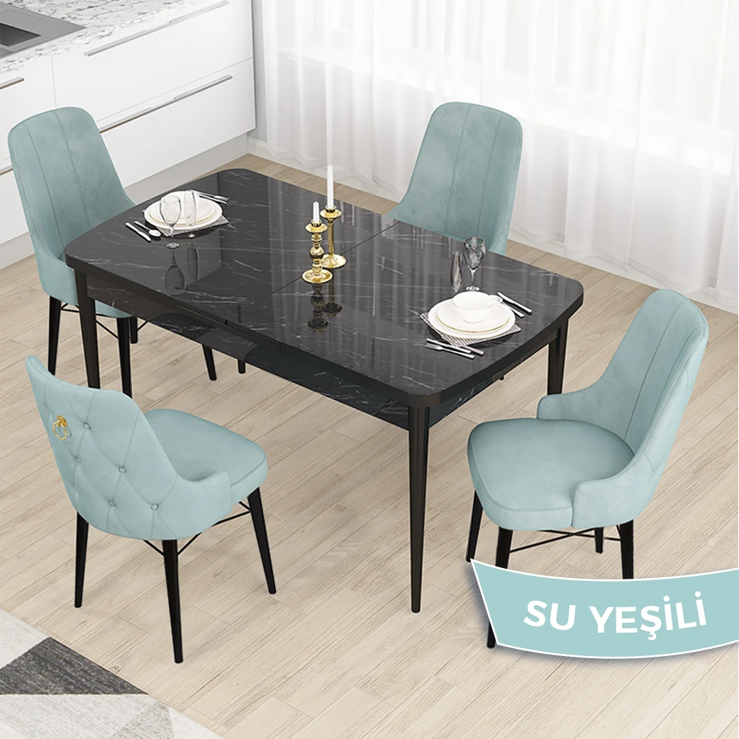 Su Yeşili Sandalye Siyah Mermer Desen Masa