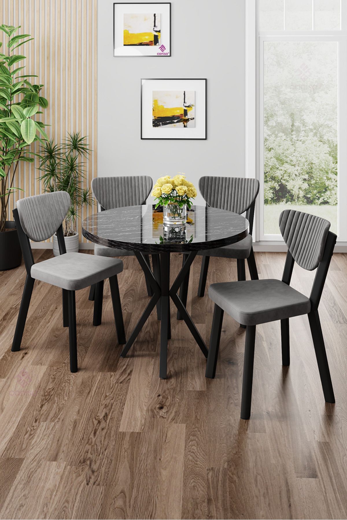 Agnes Serisi 90x90 Yuvarlak Siyah Mermer Desen Masa Takımı ve 4 Sandalye