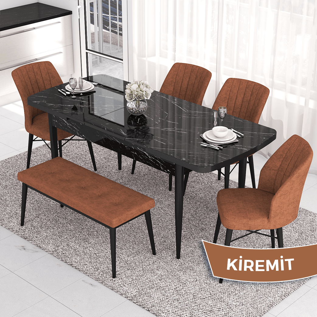 masa siyah mermer desen sandalyeler ve bench kiremit