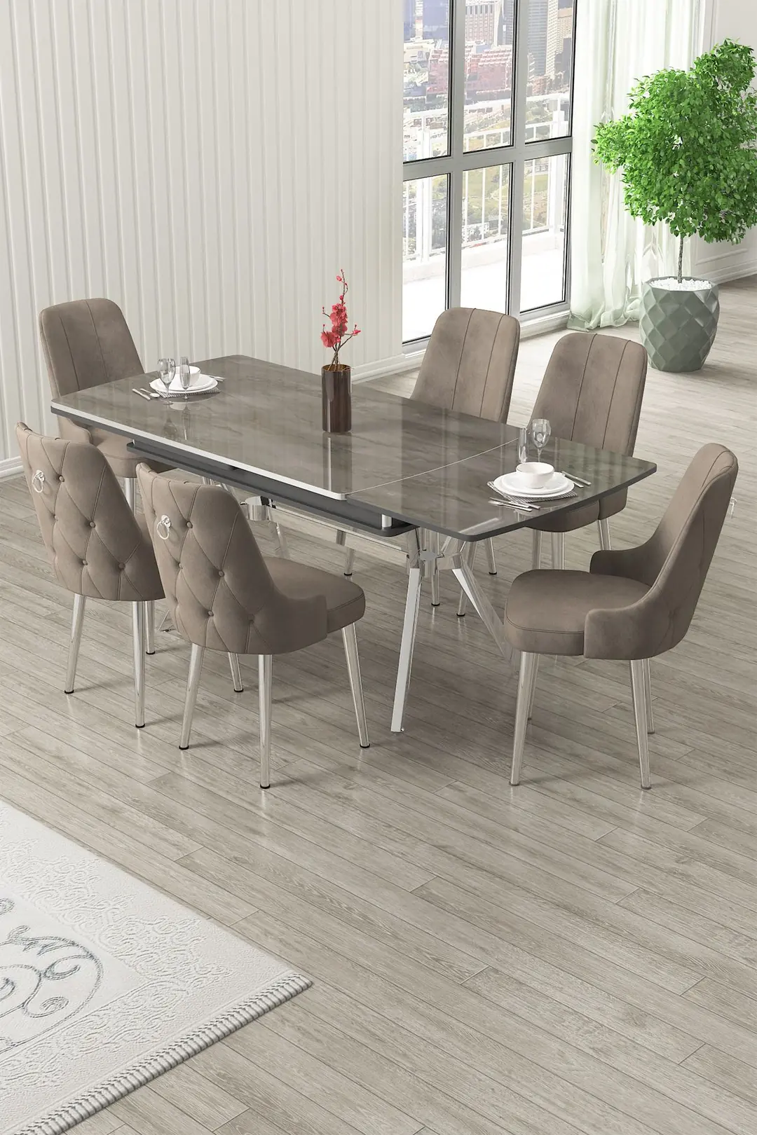 Nis Serisi 89x150 Açılabilir Lak Panel Antrasit İroni Masa ve 6