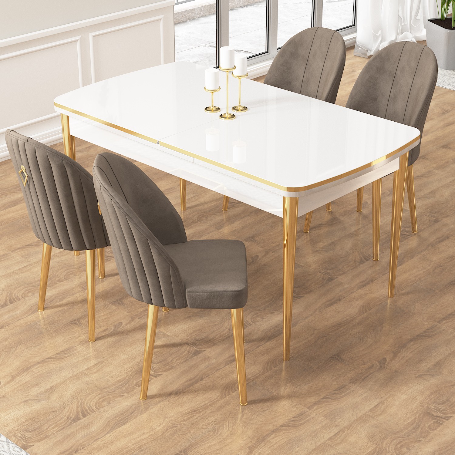 Edaf Serisi 80x132 Açılabilir Gold Detay Beyaz Masa Takımı ve 4 Sandalye