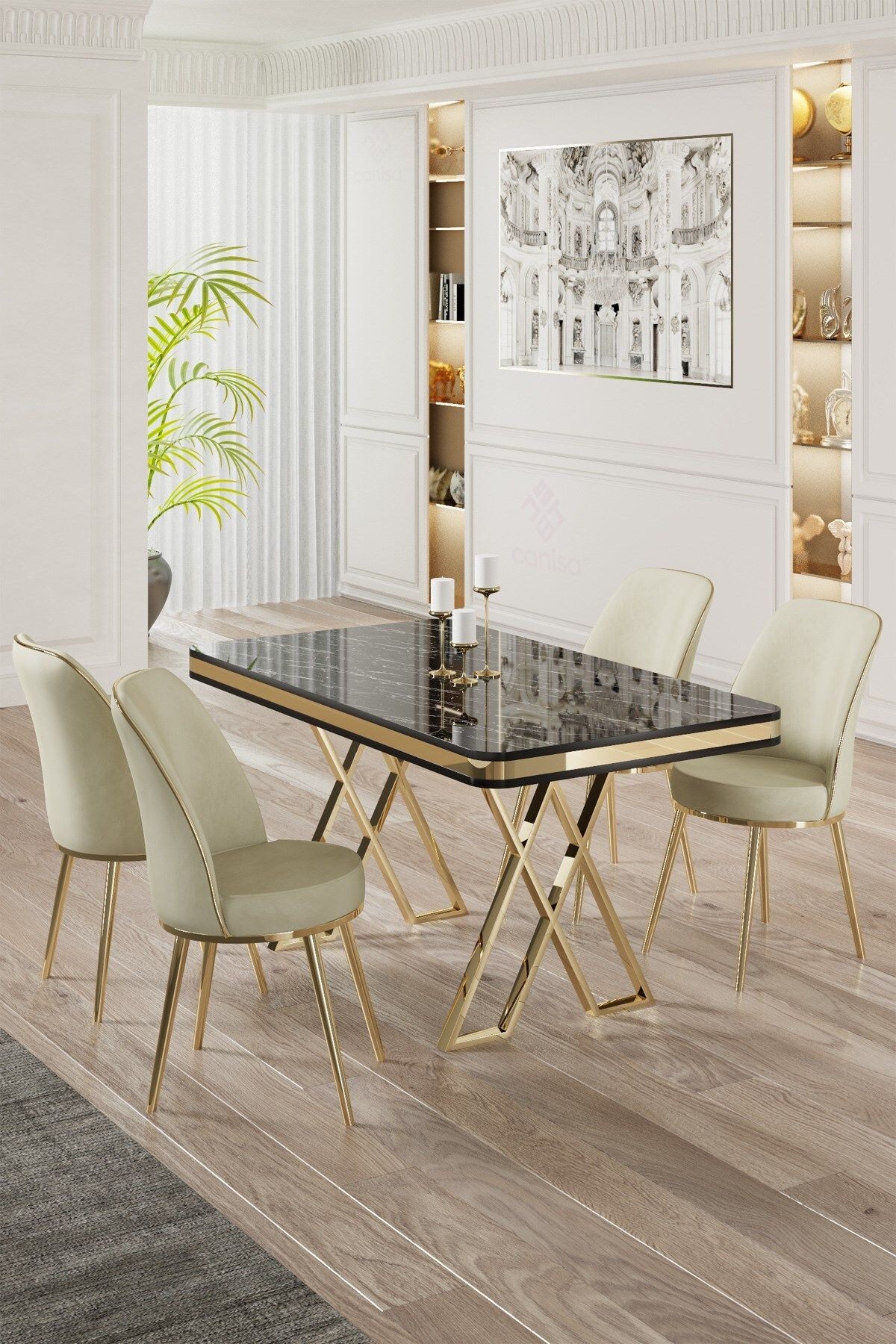 Vals Serisi 80x130 Lak Panel Sonata Masa ve 4 Sandalye Gold Kaplama Ayak