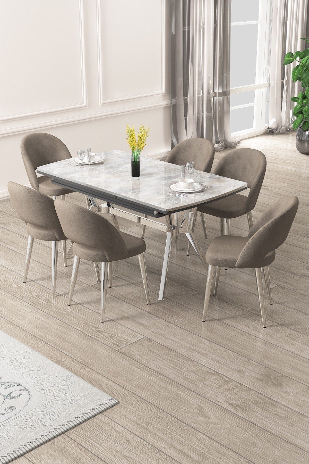 Weps Serisi 89x150 Açılabilir Lak Panel Rampla Gri Krom Ayak Masa Takımı ve 6 Sandalye