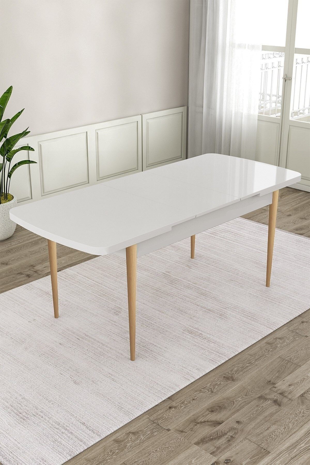 Roz Serisi 80x132 Mdf Açılabilir Gold Halka Beyaz Masa Doğal Ahşap Ayak Masa Takımı Ve 6 Sandalye