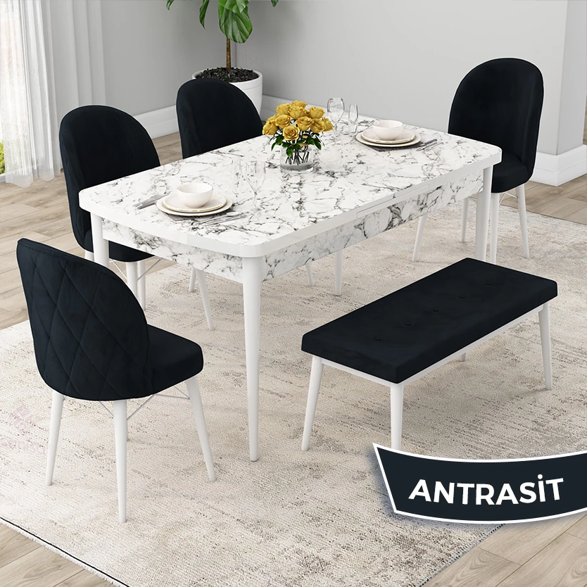 Sandalye Antrasit Masa Beyaz Mermer Desen