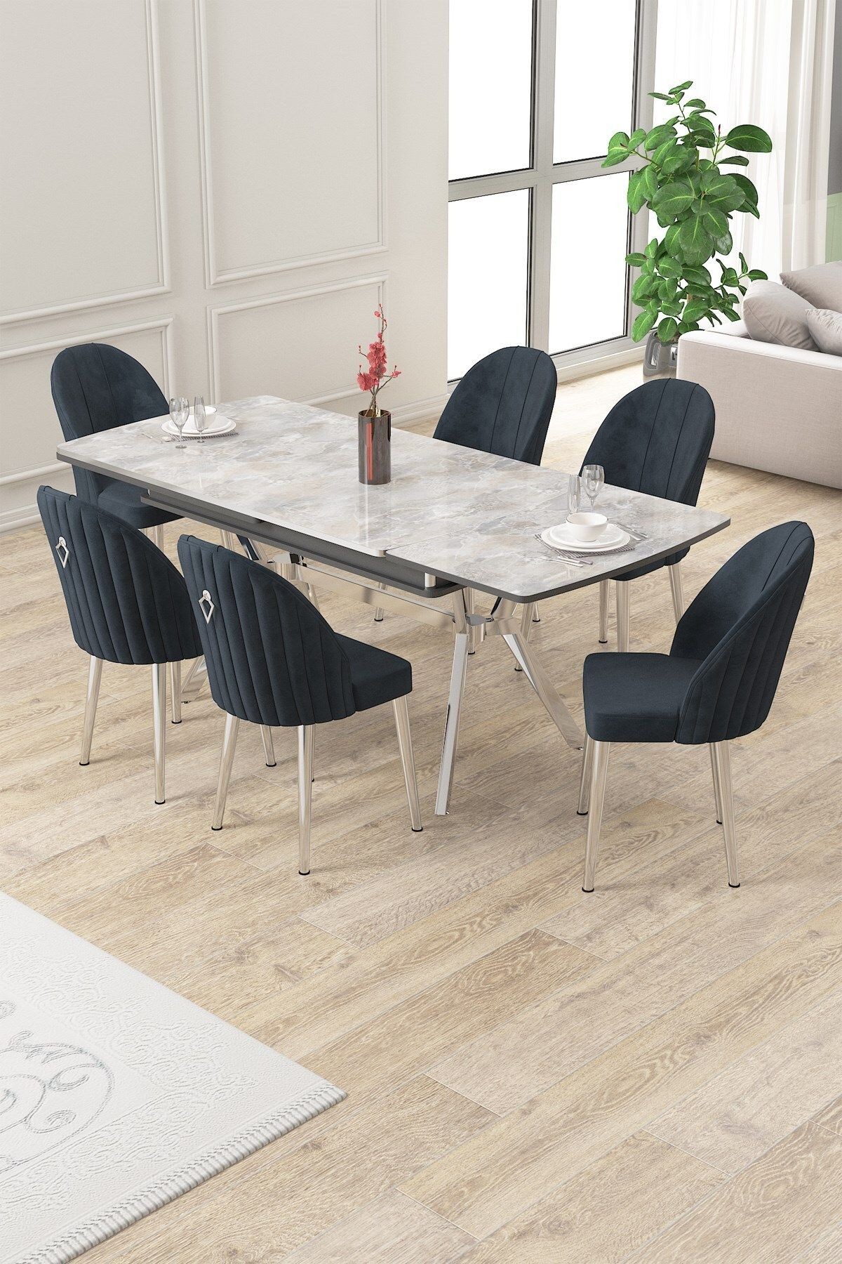 Sim Serisi 89x150 Açılabilir Lak Panel Rampla Gri Masa ve 6 Sandalye Krom Kaplama Ayak