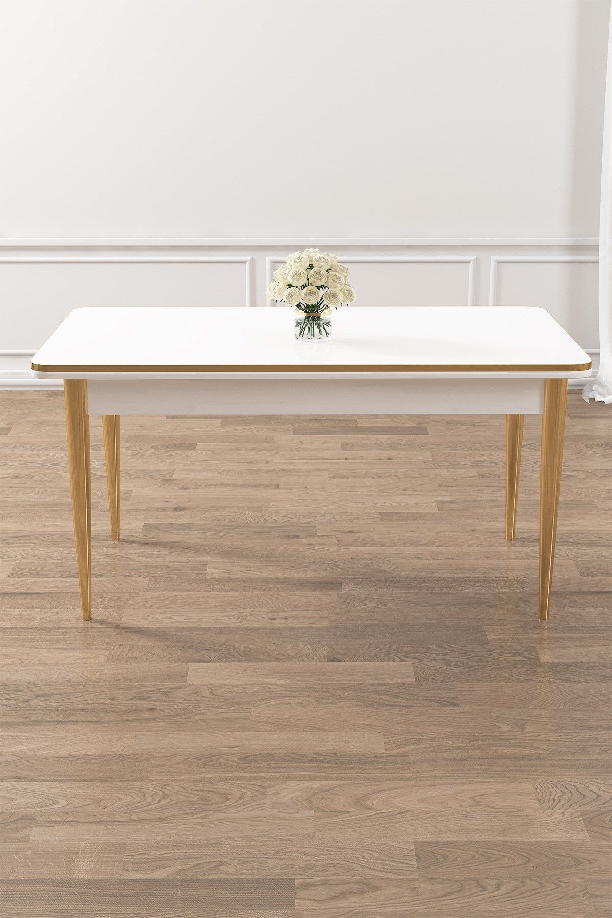 Rewa Serisi 70x110 Sabit Beyaz Gold Detay Masa Takımı ve 4 Krem Sandalye