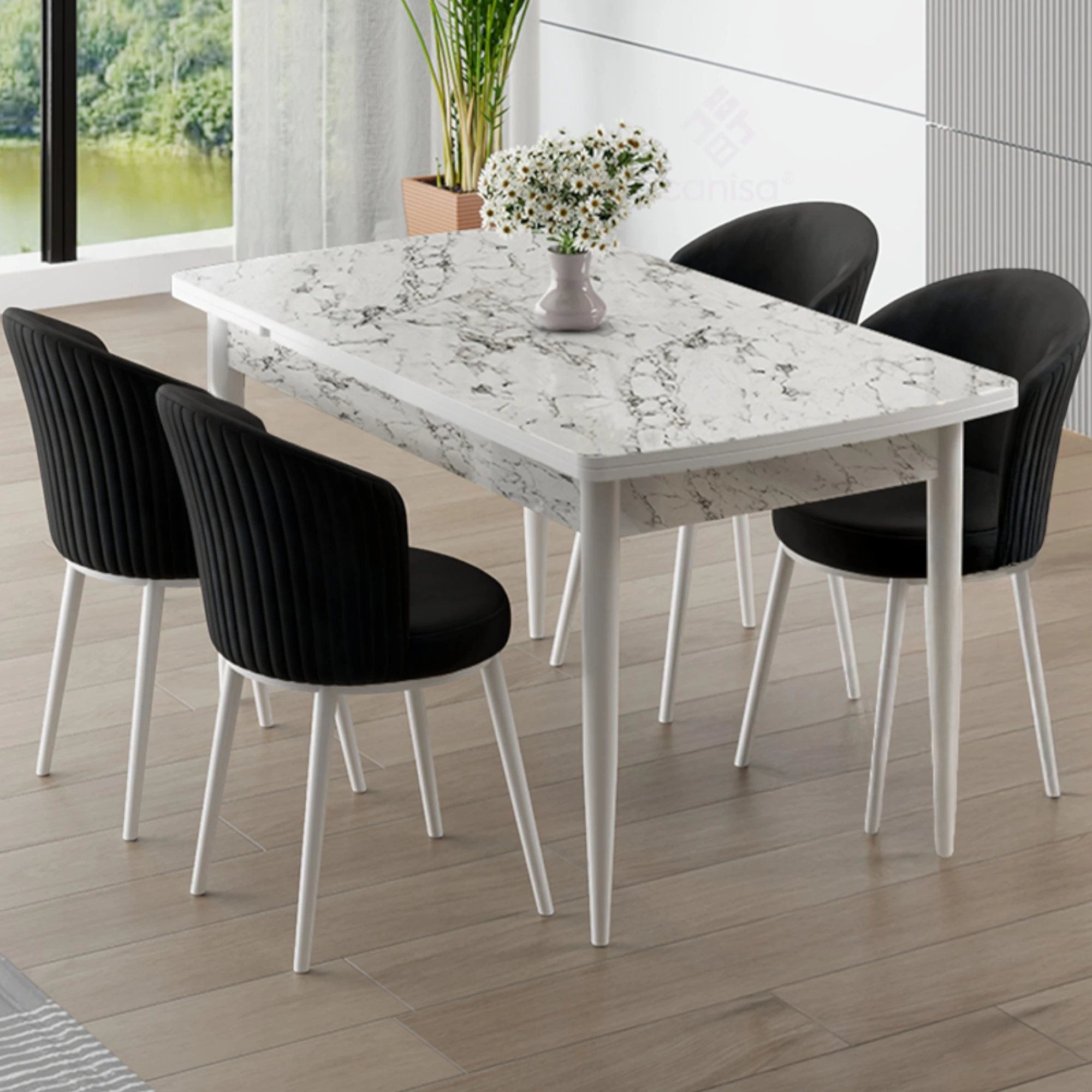 Beyaz Mermer Desen Masa Siyah Sandalye.