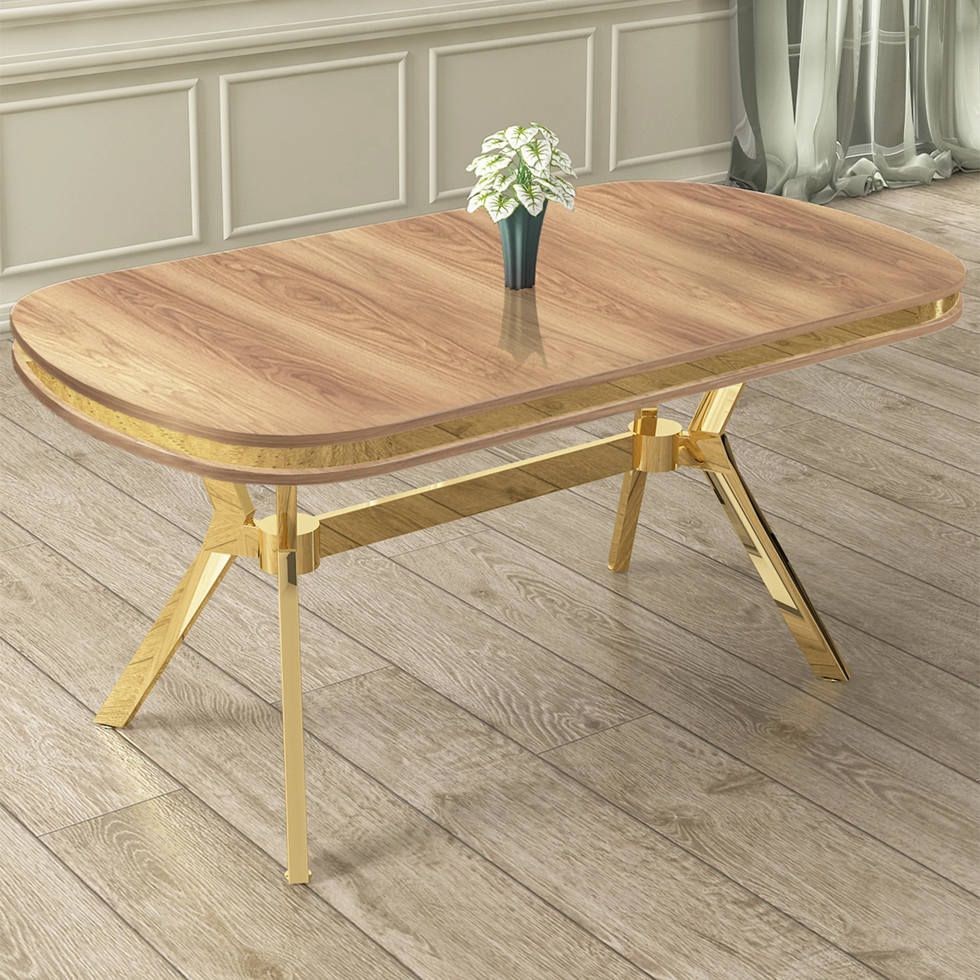 Olya Serisi 90x168 Lak Panel Hazar Masa Takımı Gold Ayaklı 4 Sandalye