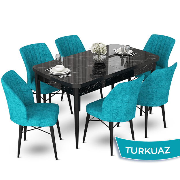 Fer Serisi 70x114 Açılabilir Siyah Mermer Desen Masa Takımı Ve 6 Sandalye