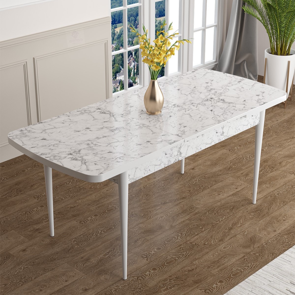 Han Serisi 70x114 Açılabilir Mdf Beyaz Mermer Desen Mutfak Masası Takımı ve 6 Sandalye