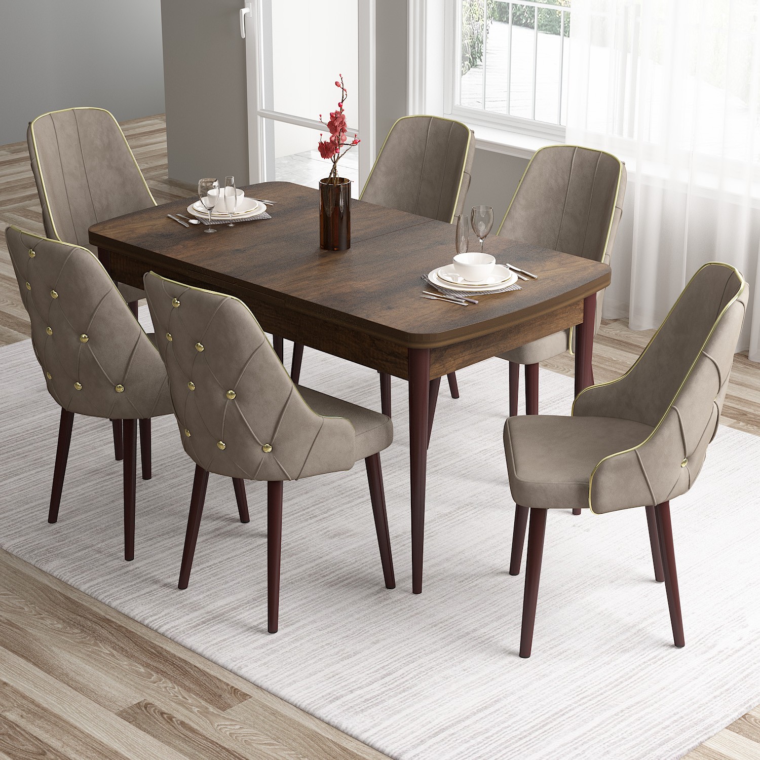 Tia Serisi 80x132 Mdf Açılabilir Gold Detay Barok Ahşap Desen Masa Takımı Ve 6 Sandalye