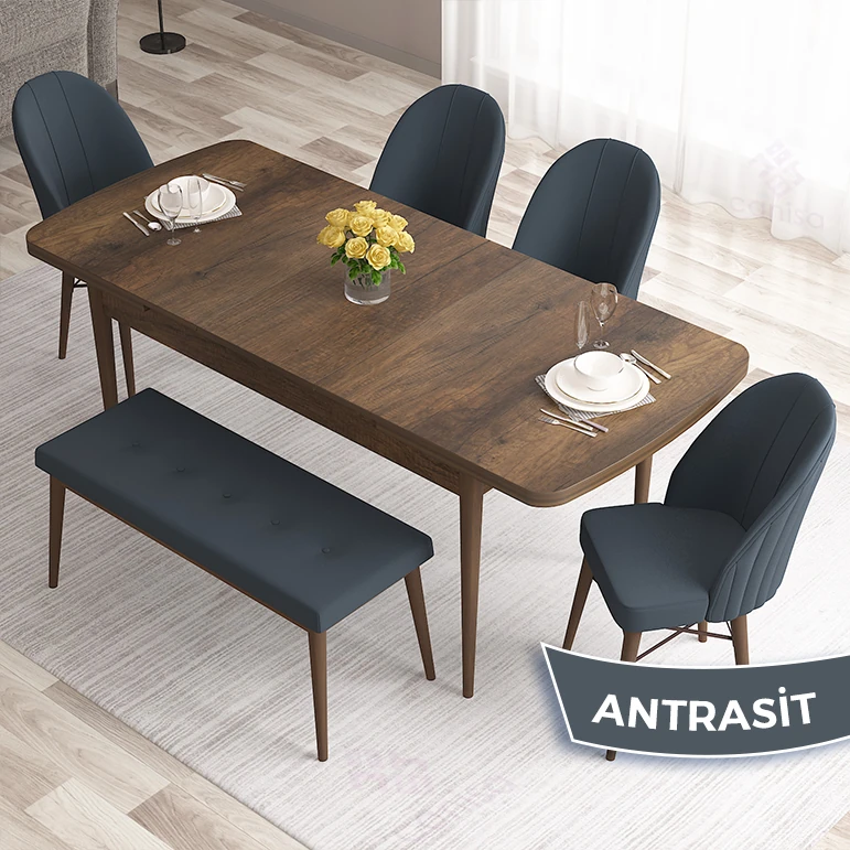 barok ahşap desen masa antrasit  sandalye