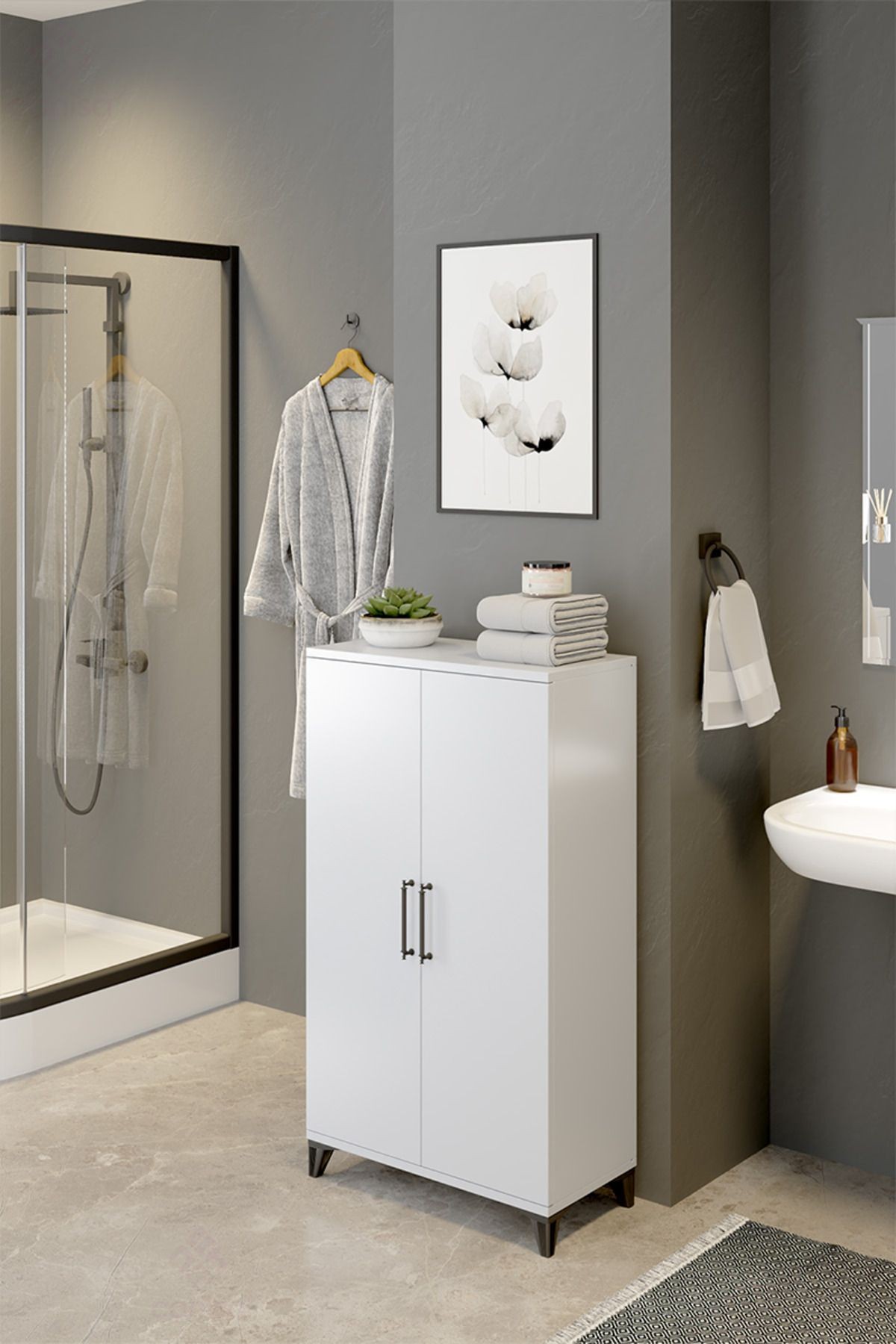 Polax Beyaz Çok Amaçlı Kapaklı Siyah Dekoratif Kulplu Banyo Dolabı