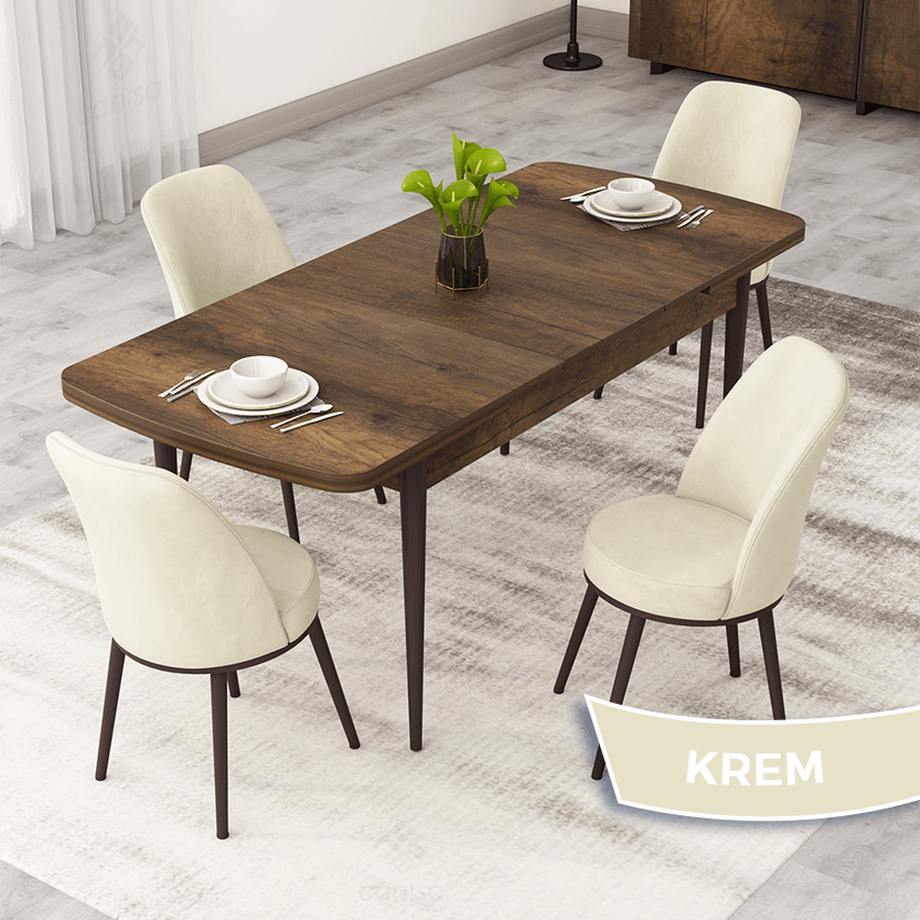 Rax Serisi 80x132 Açılabilir Barok Ahşap Desen Masa Takımı ve 4 Sandalye