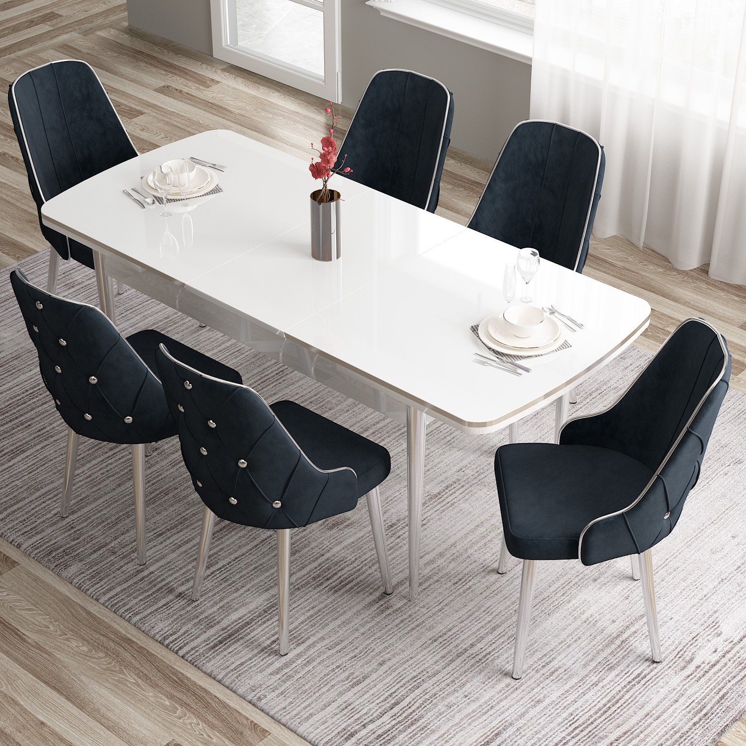 Tia Serisi 80x132 Mdf Açılabilir Krom Ayak Beyaz Masa Takımı Ve 6 Sandalye