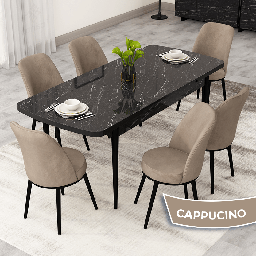Masa Siyah Mermer Desen Sandalye Cappucino Renk