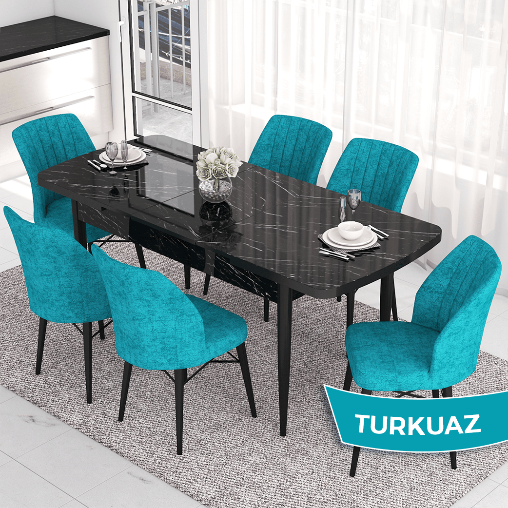 Eva Serisi 80x132 Açılabilir Mdf Siyah Mermer Desen Masa Takımı Ve 6 Sandalye