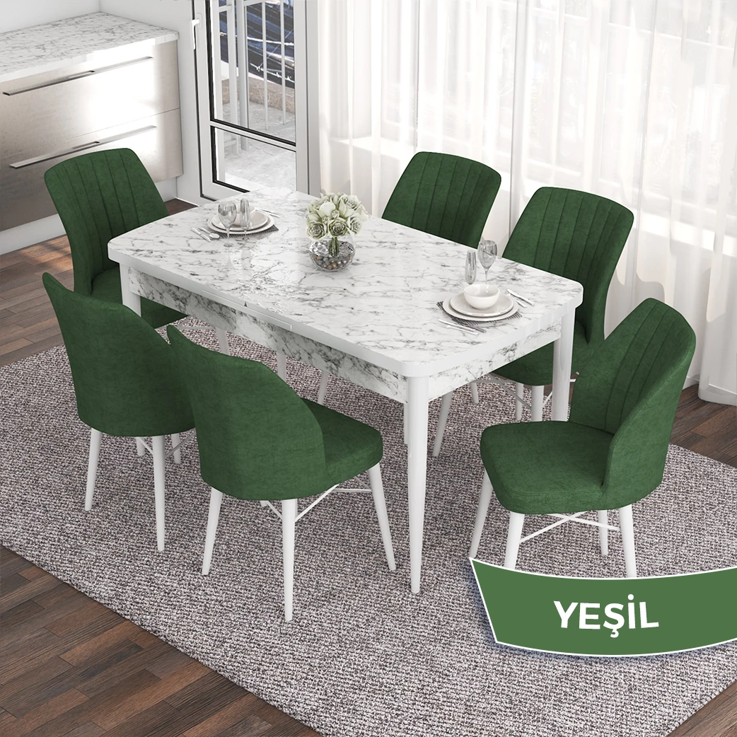 Beyaz Mermer Desen Masa / Haki Sandalye