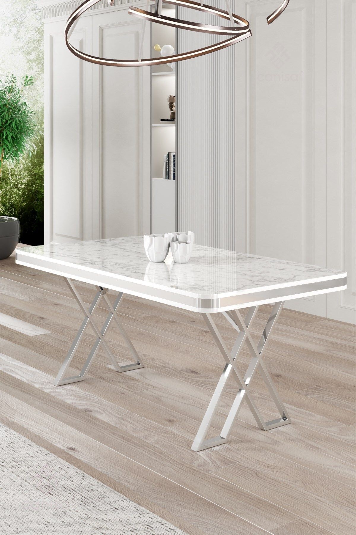 Vals Serisi 80x130 Lak Panel Beyaz Mermer Desen Masa ve 4 Sandalye Krom Kaplama Ayak