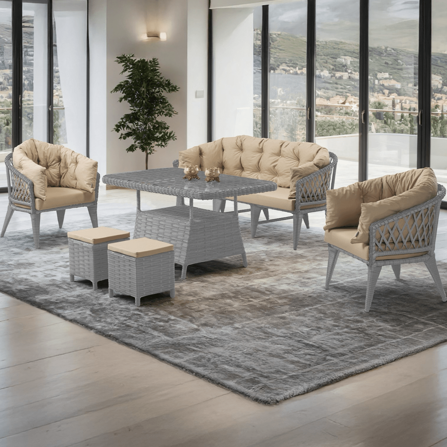 Liatris Serisi 1. Sınıf Gri Rattan Cappucino Minder Bahçe Takımı, Balkon Takımı