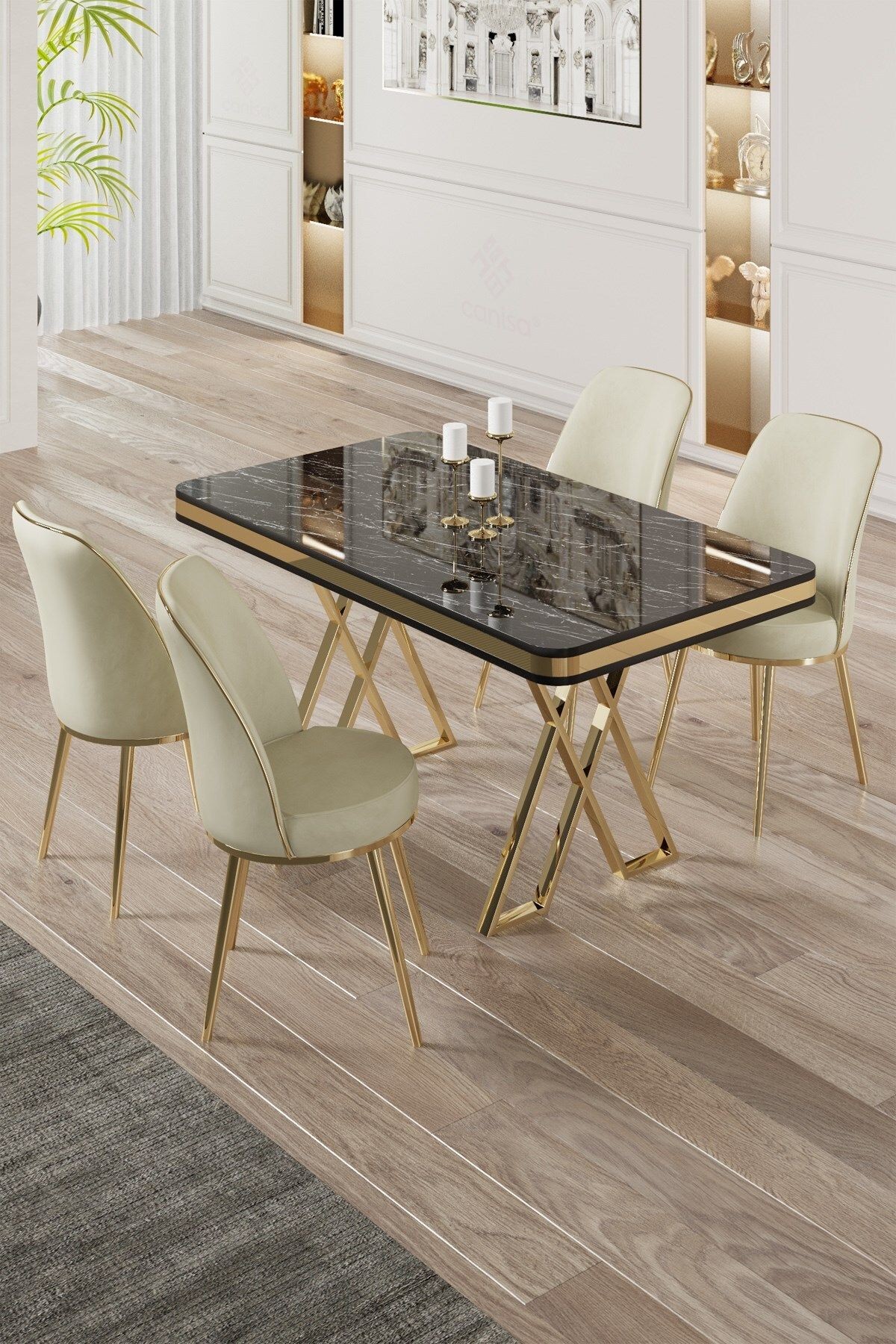 Vals Serisi 80x130 Lak Panel Sonata Masa ve 4 Sandalye Gold Kaplama Ayak