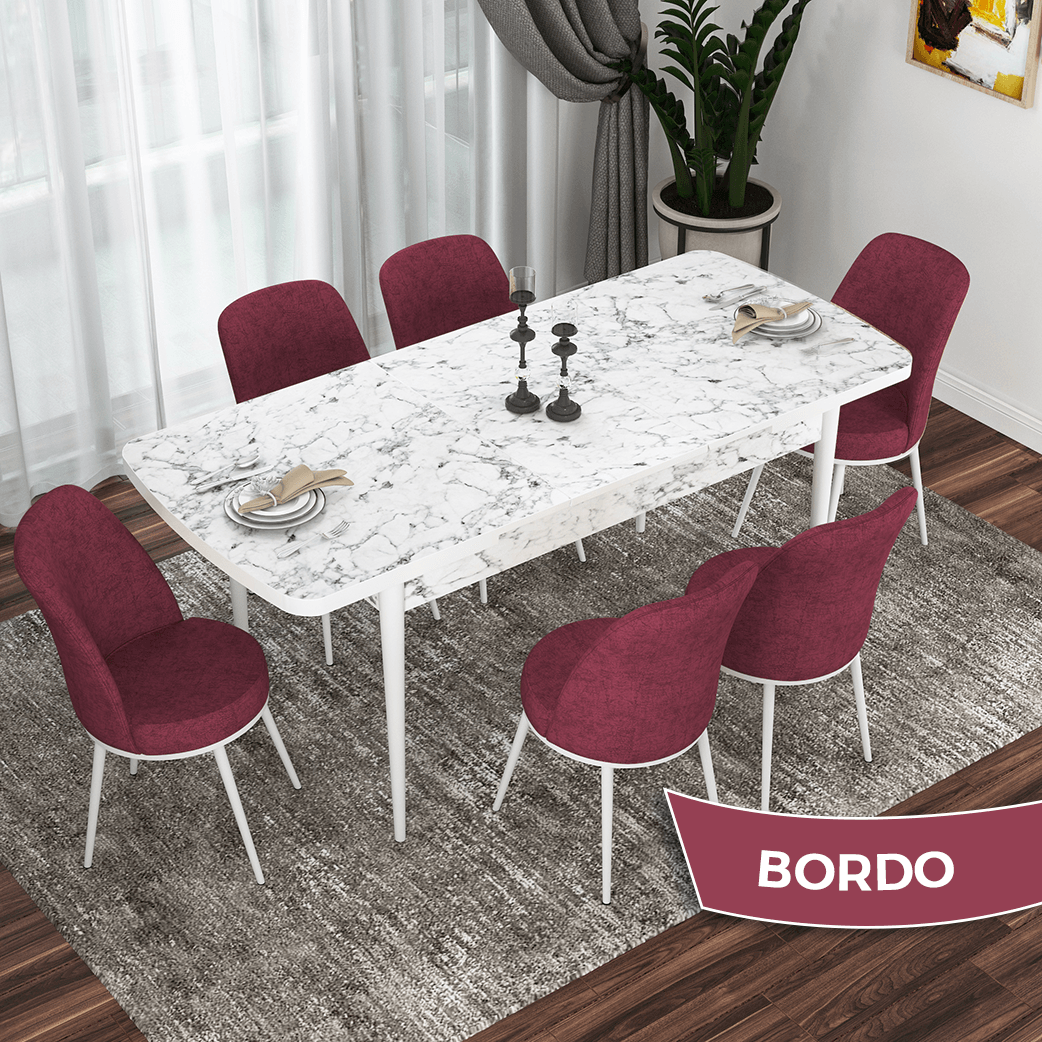 masa beyaz mermer sandalye bordo