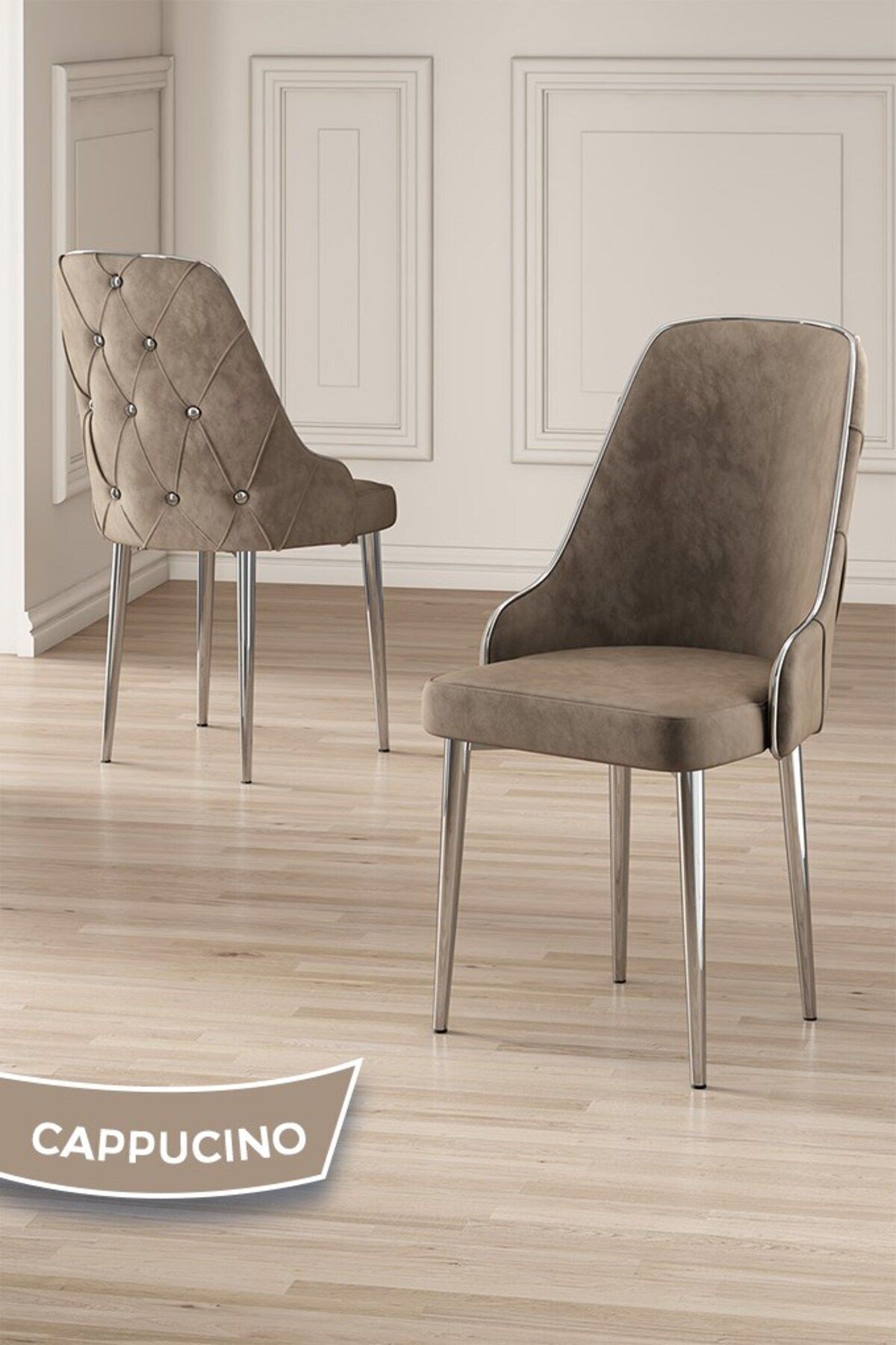 Vae Serisi 90x160 Lak Panel Beyaz Mermer Desen Krom Ayak Masa Takımı 6 Cappucino Sandalye