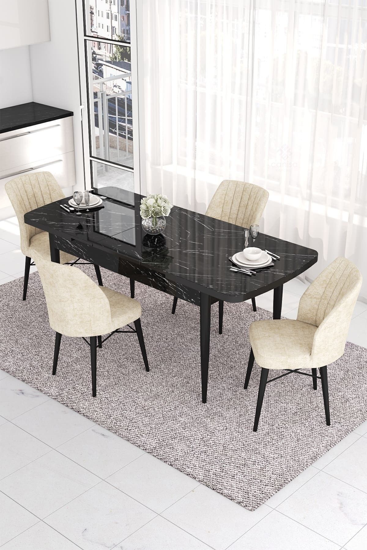 Eva Serisi 80x132 Açılabilir Mdf Siyah Mermer Desen Masa Takımı Ve 4 Sandalye
