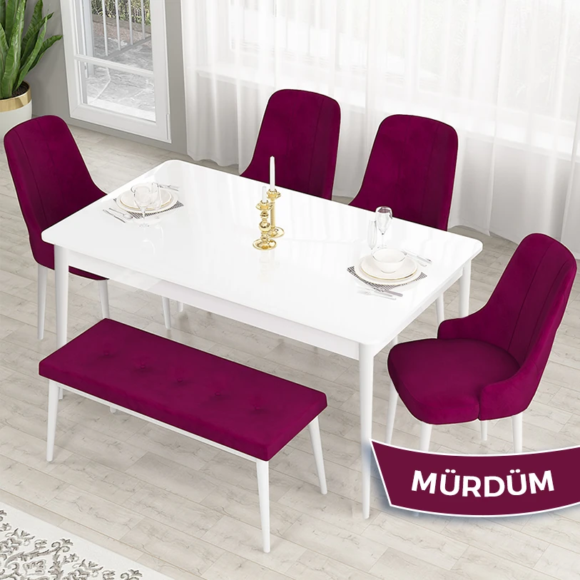 Lav Serisi 80x130 Sabit Beyaz Masa Takımı 4 Sandalye Ve 1 Bench