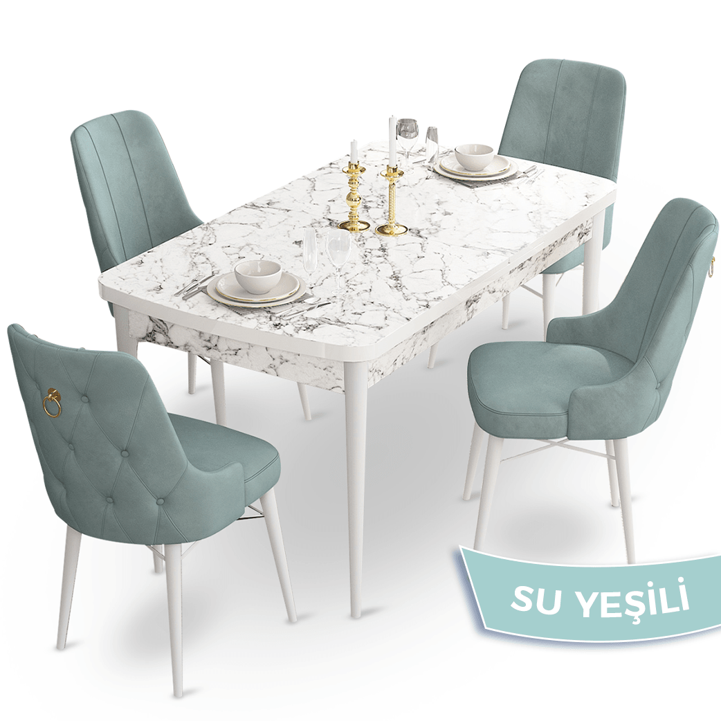 Taç Serisi 80x132 Açılabilir Gold Halka Beyaz Mermer Desen Masa Takımı ve 4 Sandalye