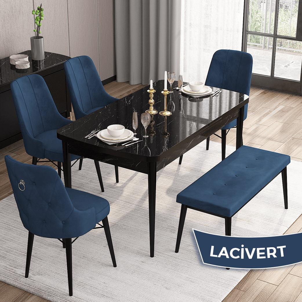 Lacivert Sandalye Siyah Mermer Desen Masa