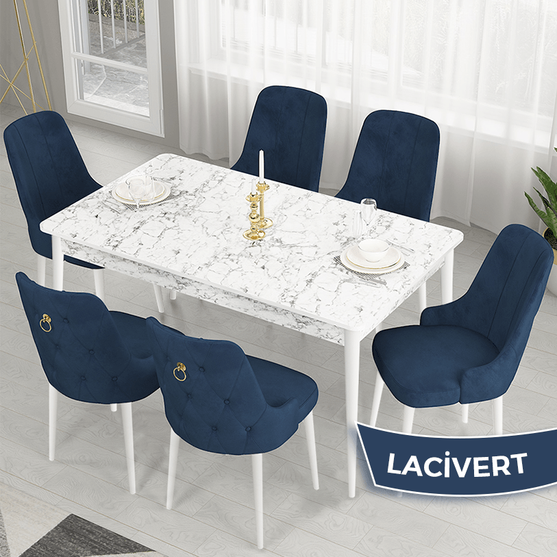 beyaz mermer masa,laci̇vert sandalye