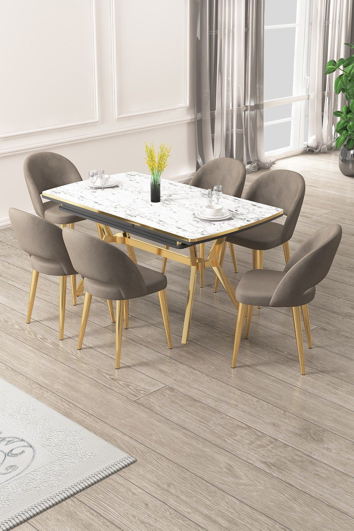 Weps Serisi 89x150 Açılabilir Lak Panel Beyaz Mermer Gold Ayak Masa Takımı ve  6 Sandalye