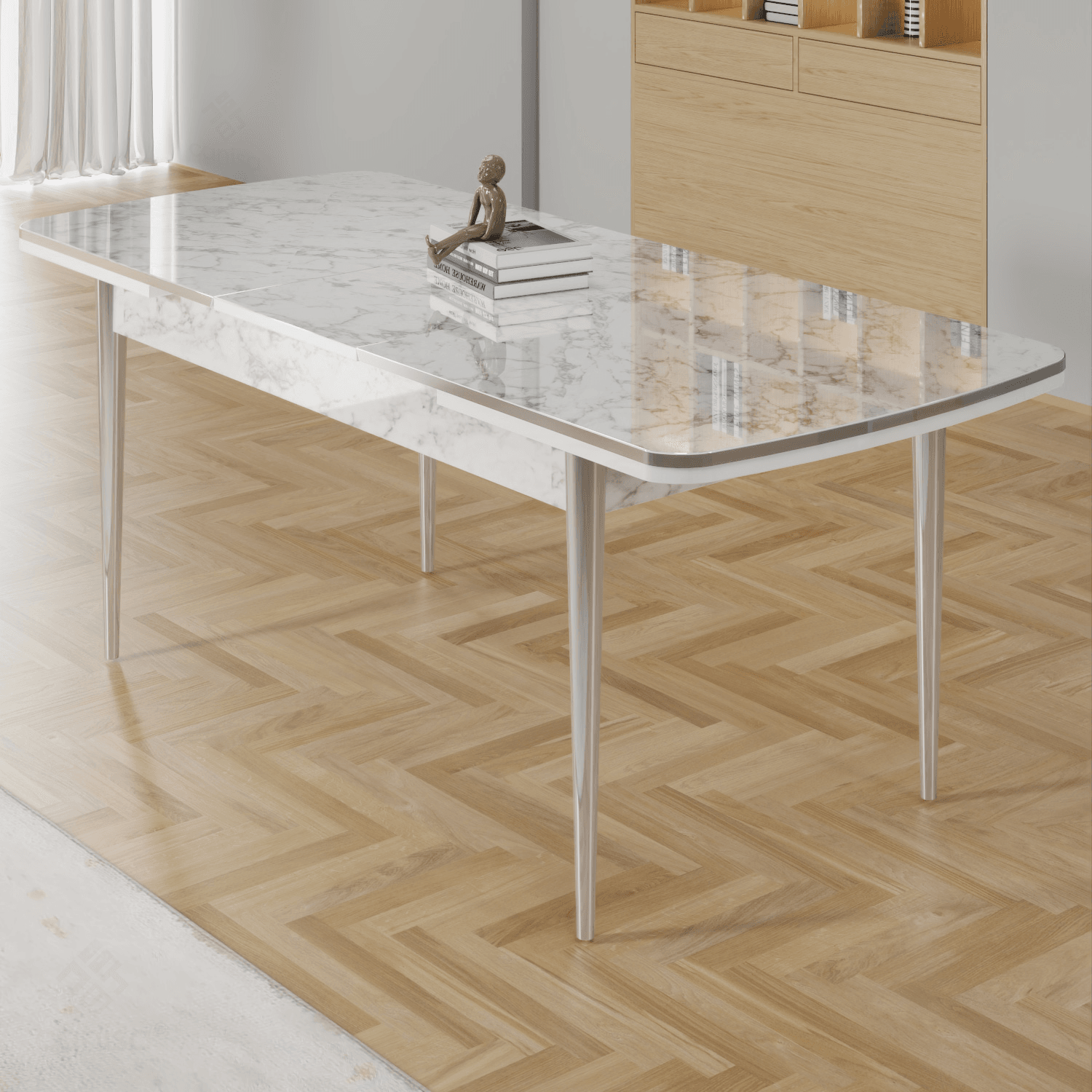 Rada Serisi 80x132 Açılabilir Lak Panel Beyaz Mermer Desen Masa 4 Sandalye Krom Detay