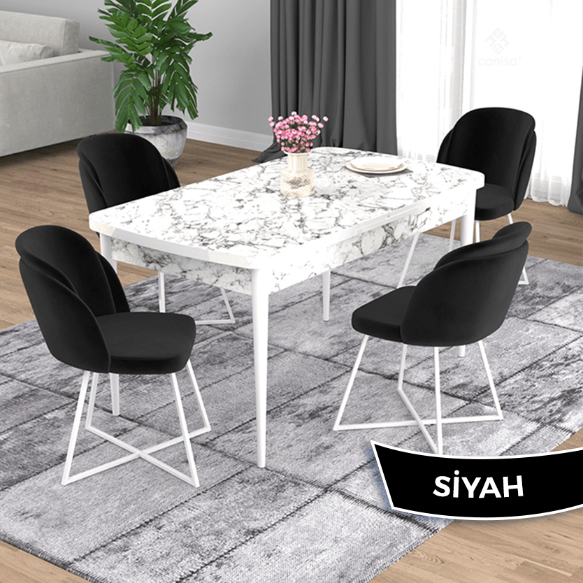 Oga Serisi 80x132 Açılabilir Beyaz Mermer Desen Masa Takımı Ve 4 Sandalye