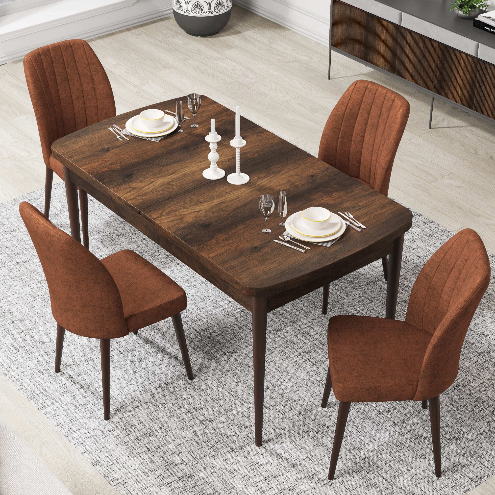 Par Serisi 70x114 Açılabilir Mdf Barok Ahşap Desen Masa Takımı ve 4 Sandalye