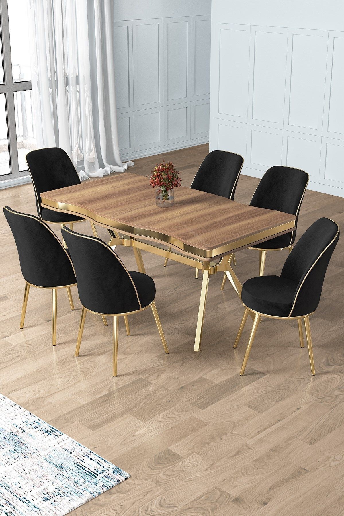 Prah Serisi 90x160 Lak Panel Hazar Masa ve 6 Sandalye Gold Kaplama Ayak