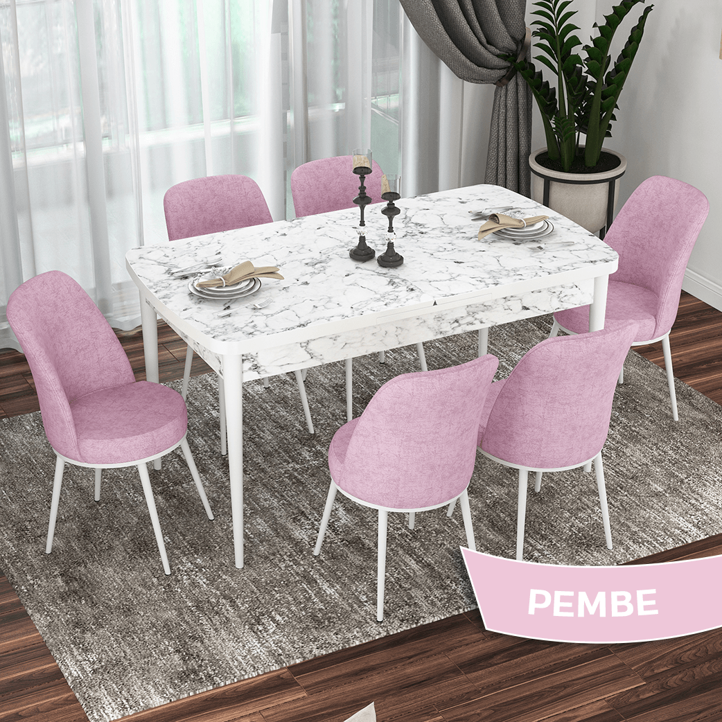 masa beyaz mermer desen sandalye pembe