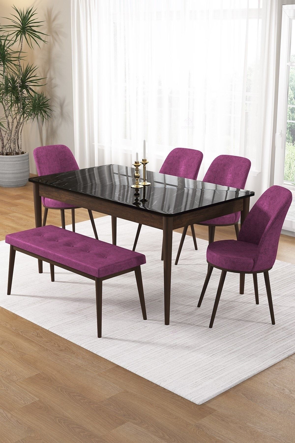 Pir Serisi 80x130 Sabit Siyah Mermer Desen Masa Kahve Ayak Masa Takımı 4 Sandalye Ve 1 Bench