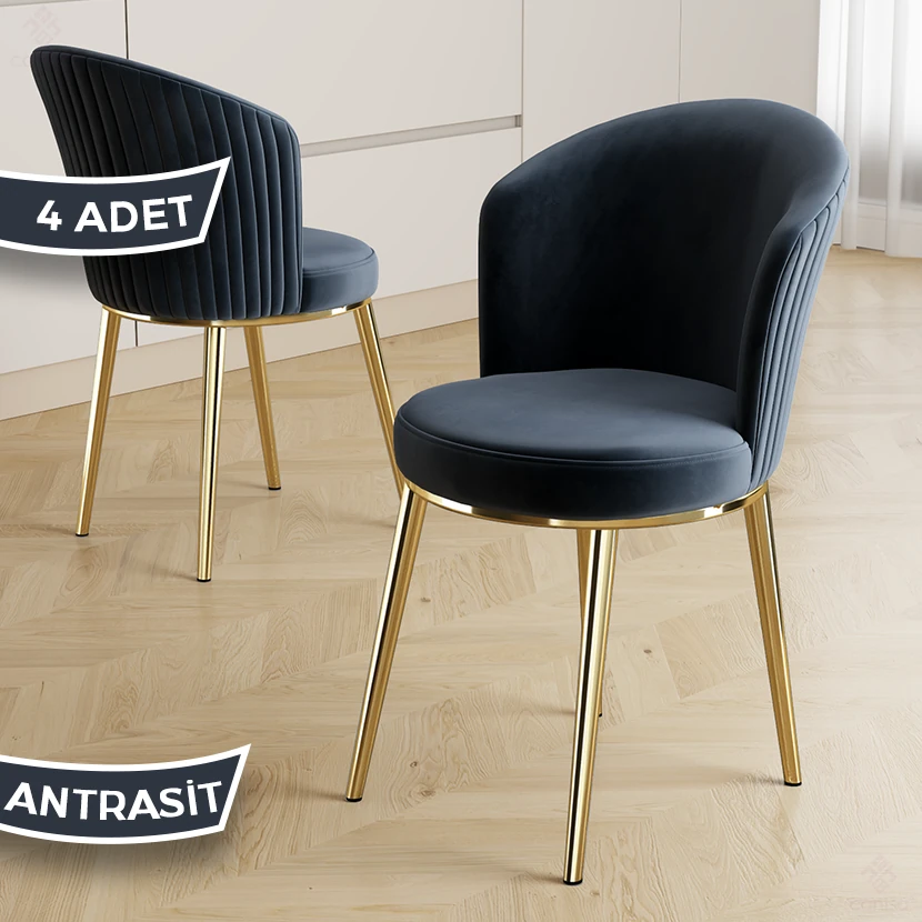 Risa Serisi 4 Adet Mutfak Sandalyesi Gold Kaplama Metal Ayak 1. Sınıf Babyface Kumaş