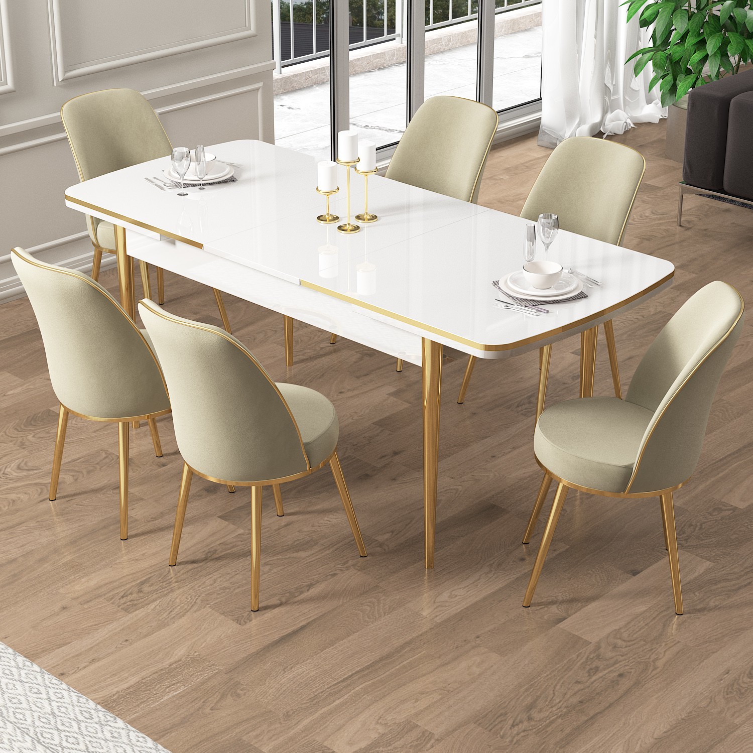 Pale Serisi 80x132 Açılabilir Beyaz Gold Detay Masa Takımı ve 6 Sandalye