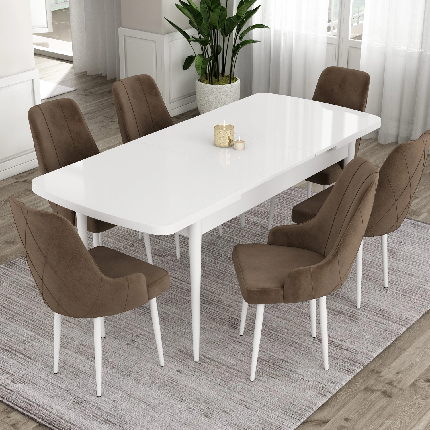 beyaz masa sandalye kahverengi̇